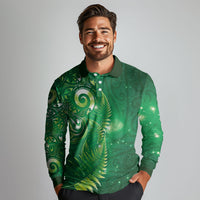 Aotearoa New Zealand New Year Long Sleeve Polo Shirt Tribal Koru Tattoo Green Galaxy Maori Silver Fern LT03 - Polynesian Pride