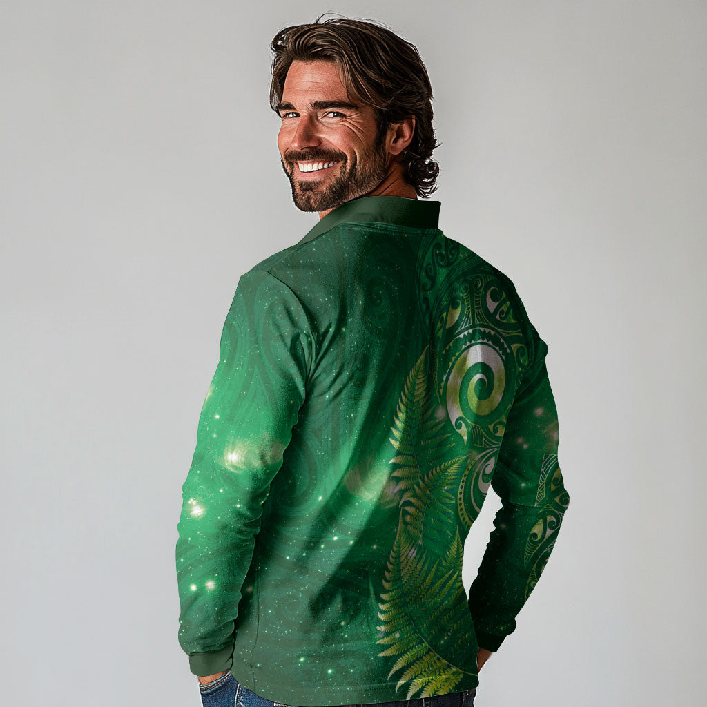 Aotearoa New Zealand New Year Long Sleeve Polo Shirt Tribal Koru Tattoo Green Galaxy Maori Silver Fern LT03 - Polynesian Pride