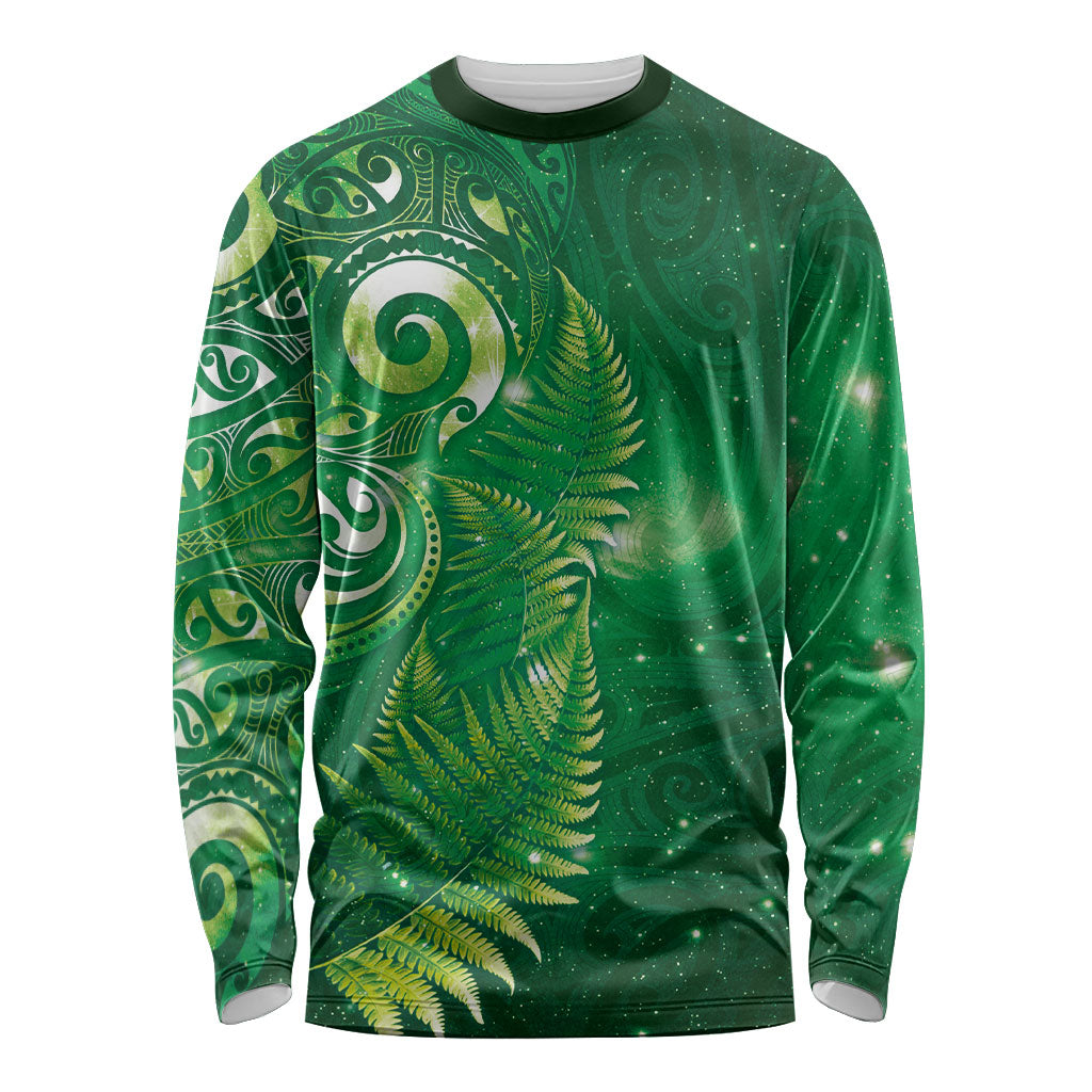 Aotearoa New Zealand New Year Long Sleeve Shirt Tribal Koru Tattoo Green Galaxy Maori Silver Fern LT03 Unisex Green - Polynesian Pride