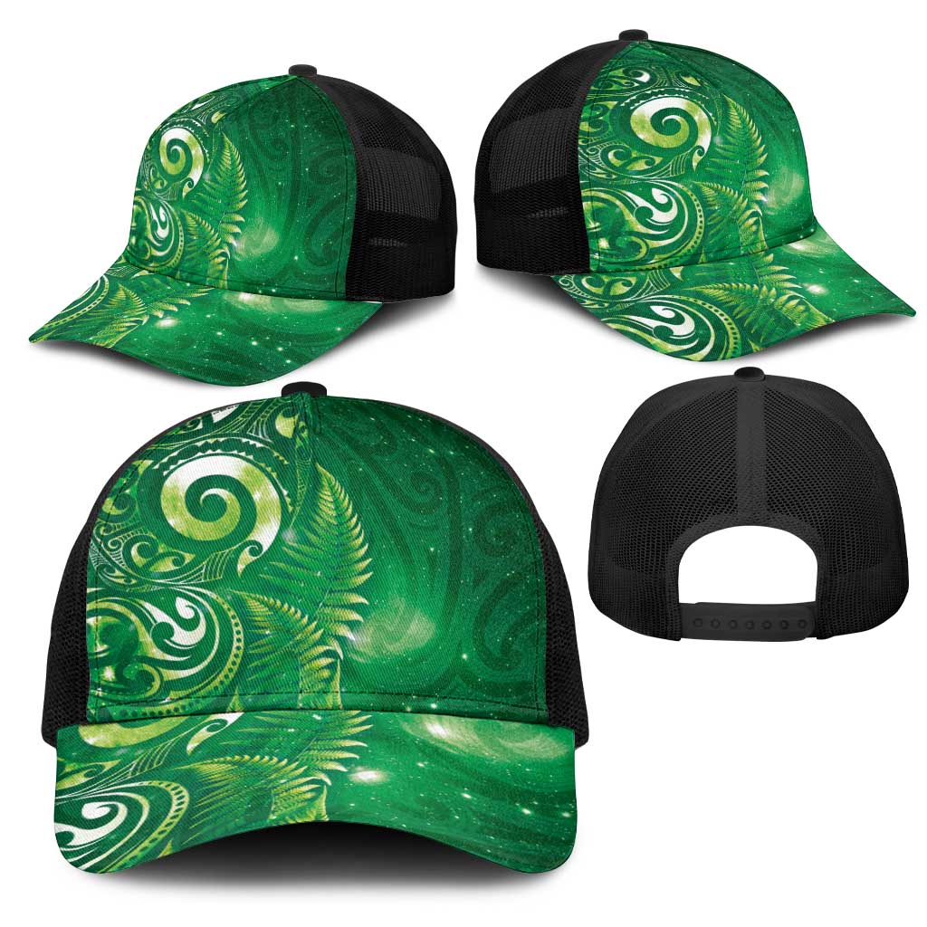 Aotearoa New Zealand New Year Mesh Trucker Cap Tribal Koru Tattoo Green Galaxy Maori Silver Fern