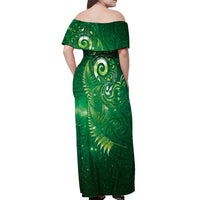 Aotearoa New Zealand New Year Off Shoulder Maxi Dress Tribal Koru Tattoo Green Galaxy Maori Silver Fern LT03 - Polynesian Pride