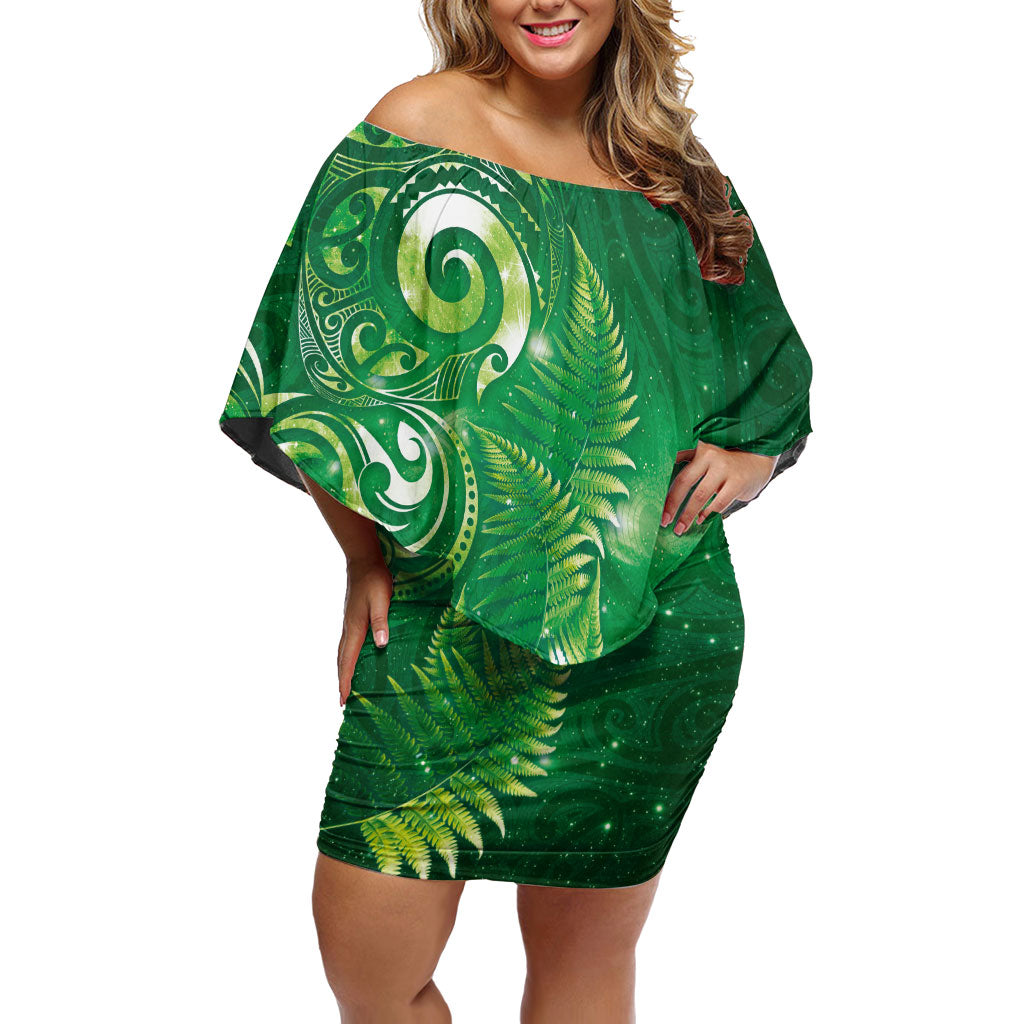 Aotearoa New Zealand New Year Off Shoulder Short Dress Tribal Koru Tattoo Green Galaxy Maori Silver Fern