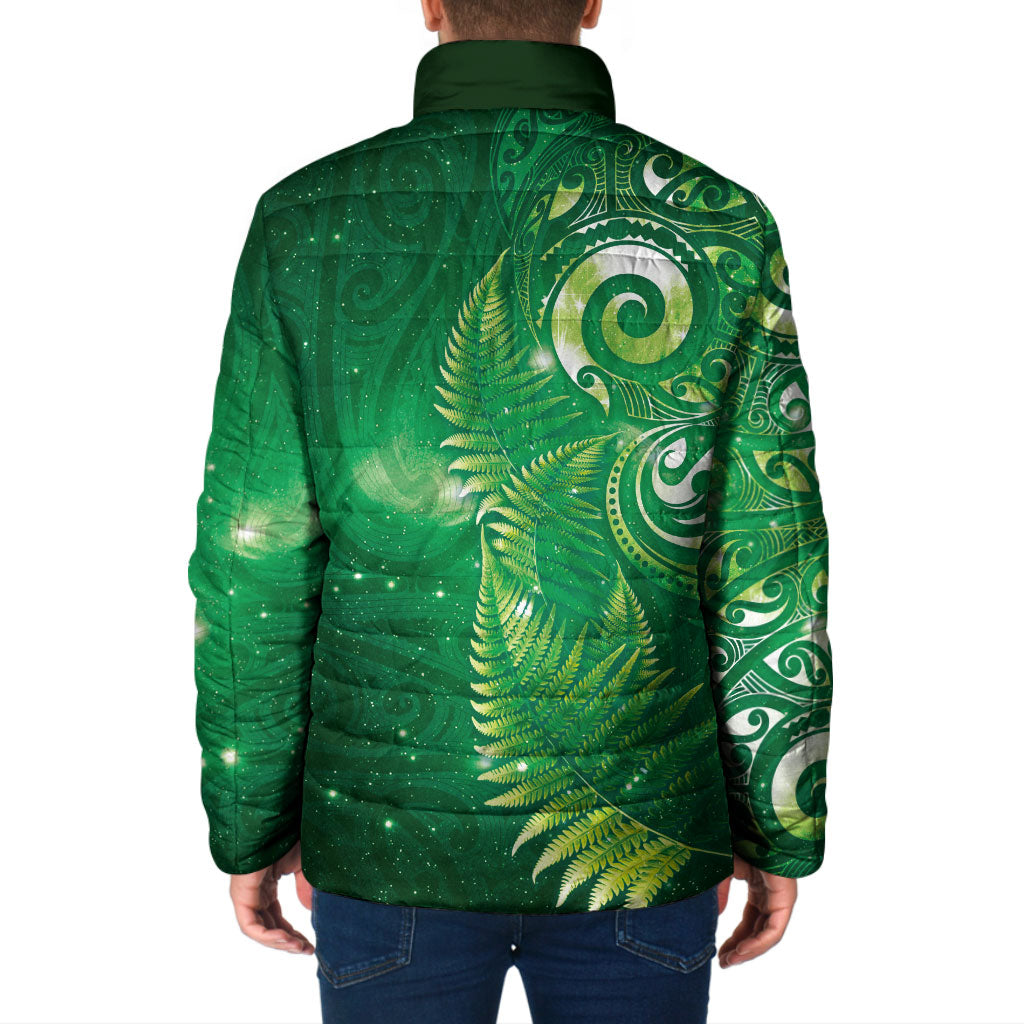 Aotearoa New Zealand New Year Padded Jacket Tribal Koru Tattoo Green Galaxy Maori Silver Fern