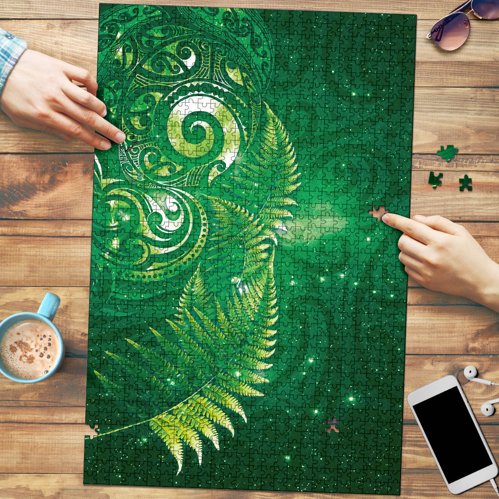 Aotearoa New Zealand New Year Puzzle Tribal Koru Tattoo Green Galaxy Maori Silver Fern