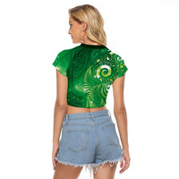 Aotearoa New Zealand New Year Raglan Cropped T Shirt Tribal Koru Tattoo Green Galaxy Maori Silver Fern LT03 - Polynesian Pride