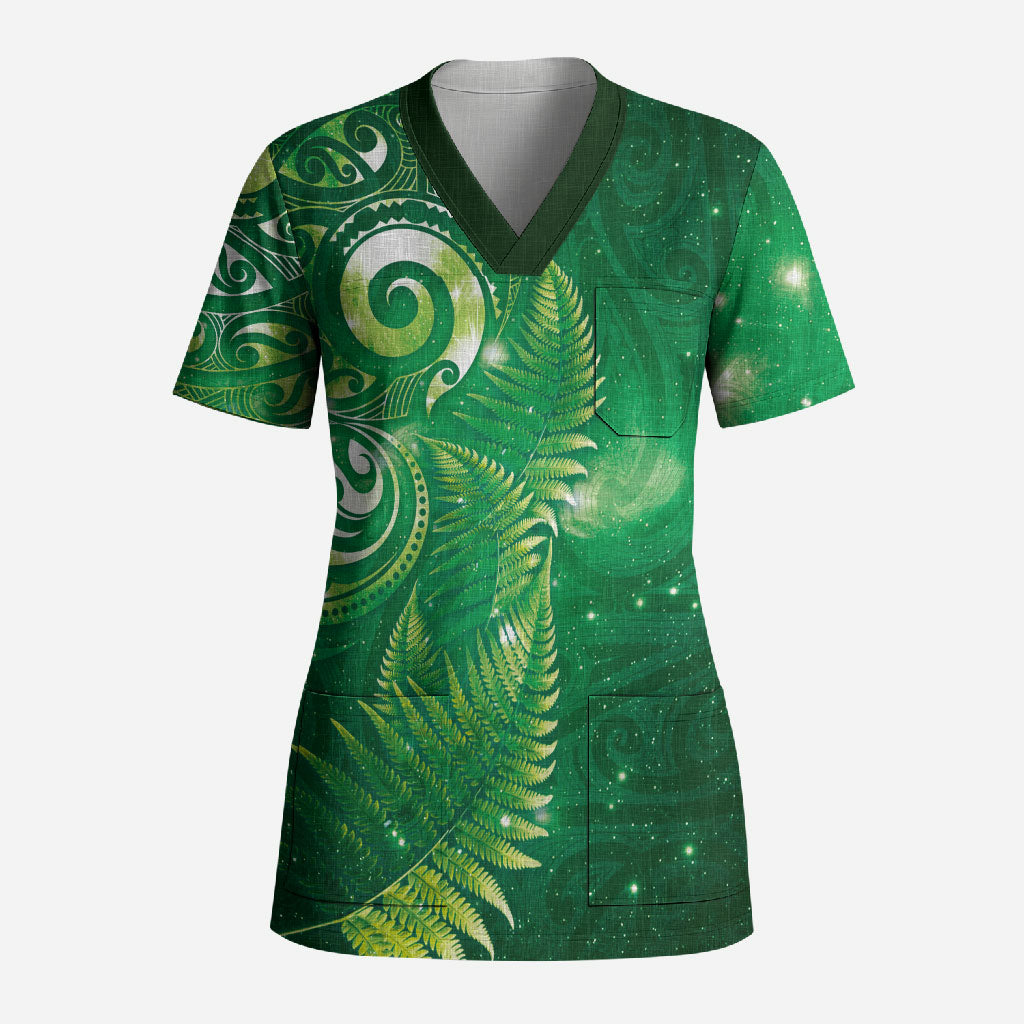 Aotearoa New Zealand New Year Scrub Top Tribal Koru Tattoo Green Galaxy Maori Silver Fern