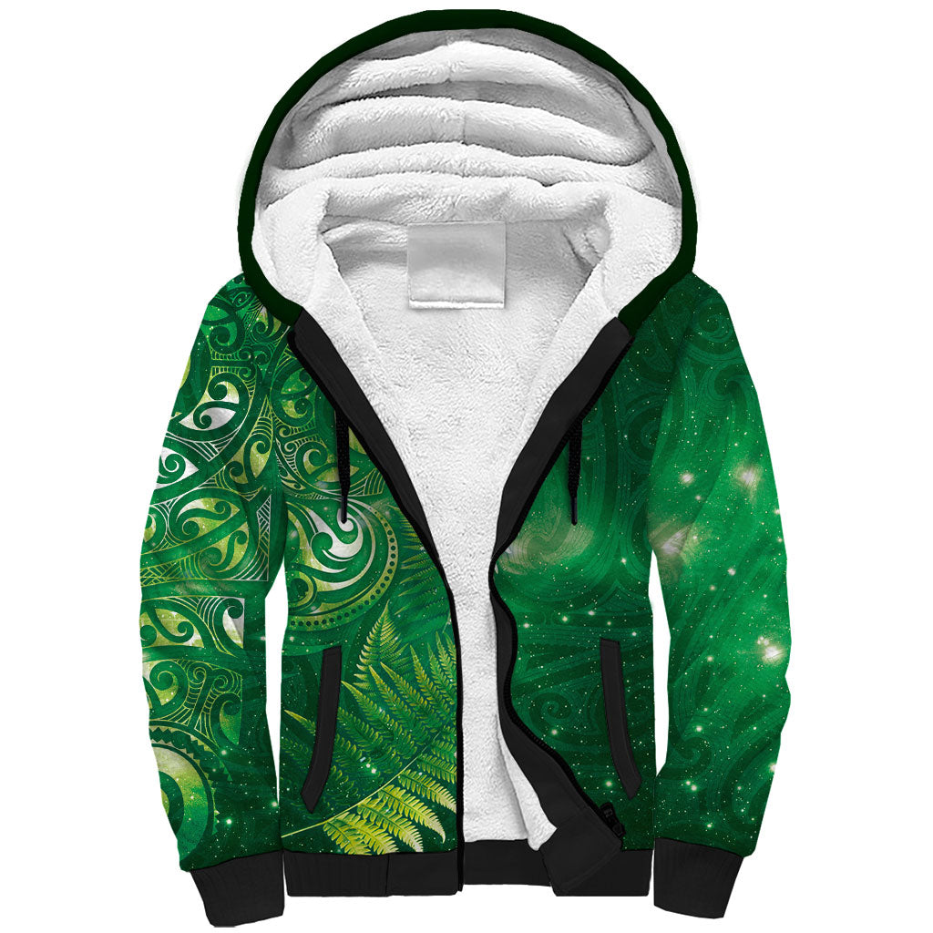 Aotearoa New Zealand New Year Sherpa Hoodie Tribal Koru Tattoo Green Galaxy Maori Silver Fern
