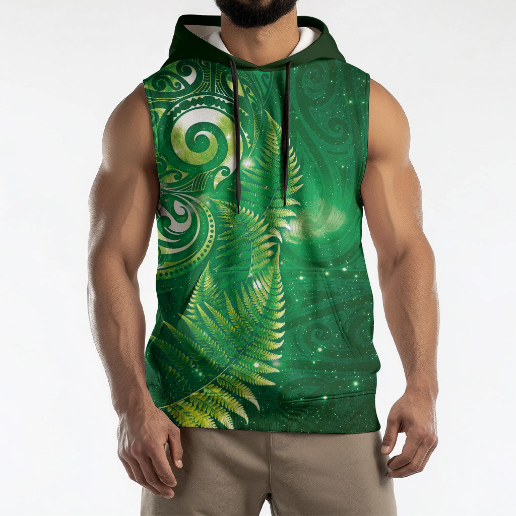 Aotearoa New Zealand New Year Sleeveless Hoodie Tribal Koru Tattoo Green Galaxy Maori Silver Fern LT03 - Polynesian Pride