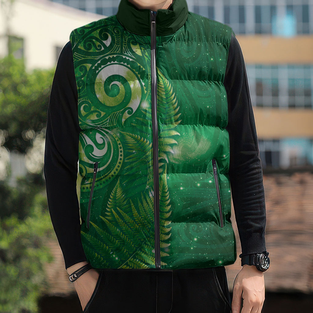 Aotearoa New Zealand New Year Sleeveless Puffer Jacket Tribal Koru Tattoo Green Galaxy Maori Silver Fern LT03 - Polynesian Pride