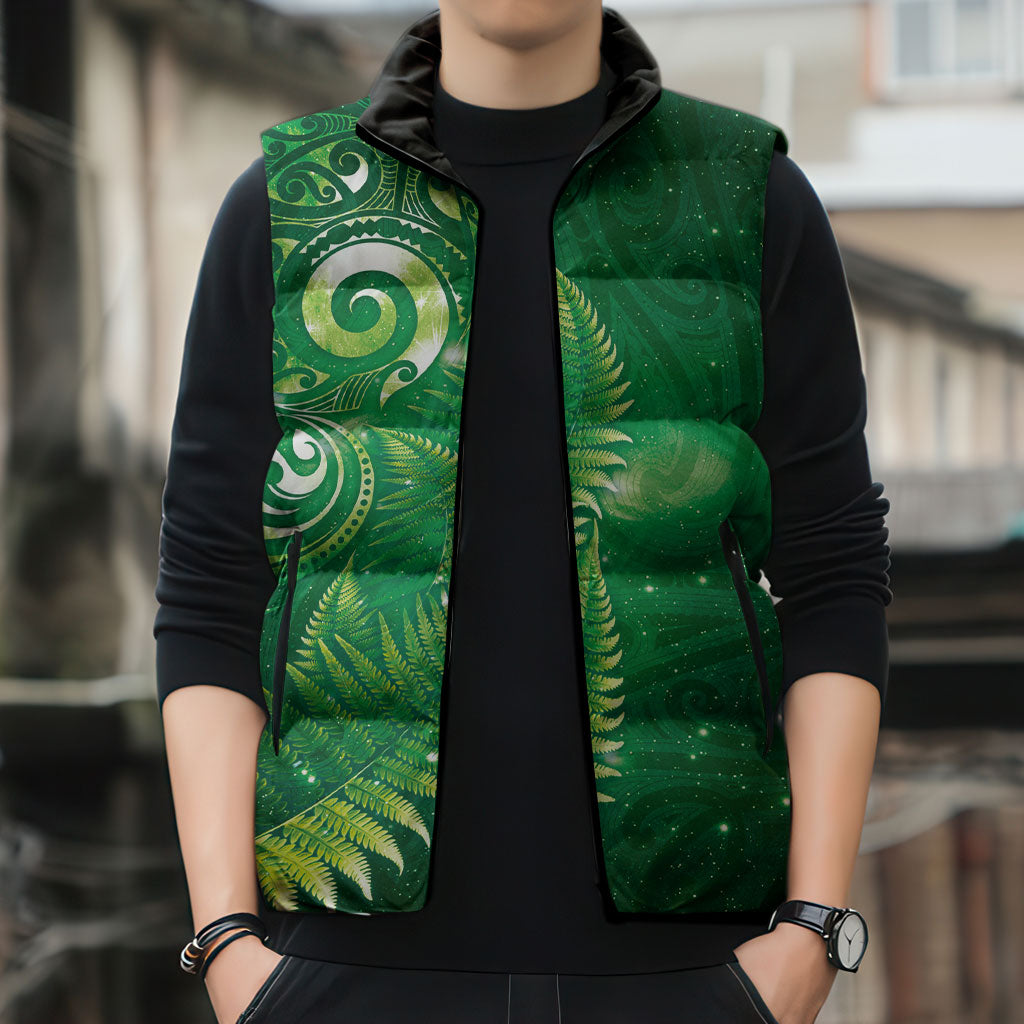 Aotearoa New Zealand New Year Sleeveless Puffer Jacket Tribal Koru Tattoo Green Galaxy Maori Silver Fern LT03 - Polynesian Pride