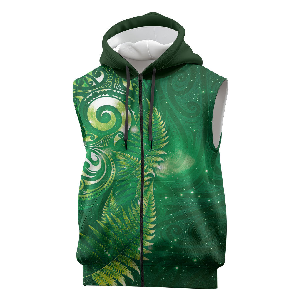Aotearoa New Zealand New Year Sleeveless Zip Hoodie Tribal Koru Tattoo Green Galaxy Maori Silver Fern LT03 Green - Polynesian Pride