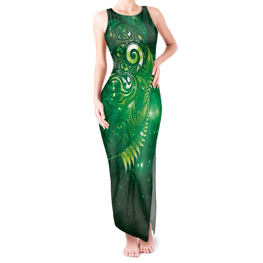 Aotearoa New Zealand New Year Tank Maxi Dress Tribal Koru Tattoo Green Galaxy Maori Silver Fern