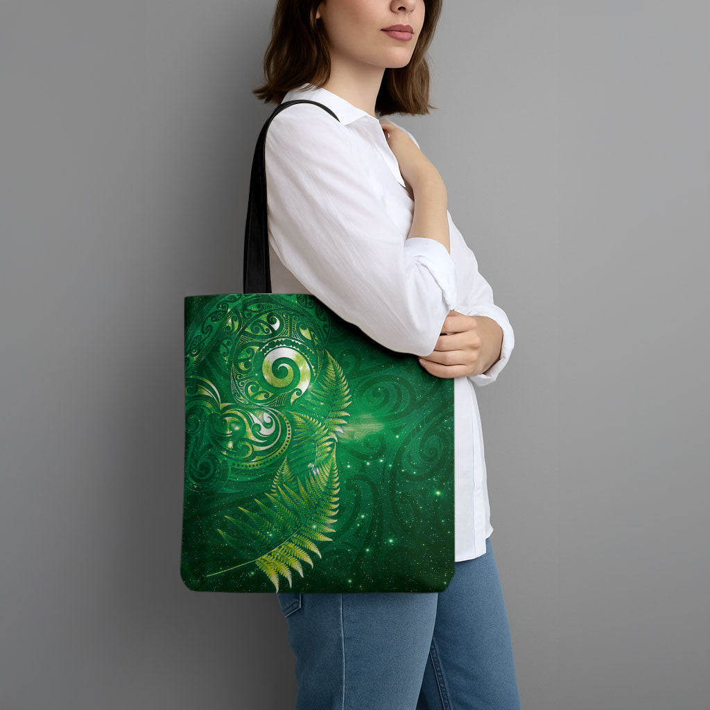 Aotearoa New Zealand New Year Tote Bag Tribal Koru Tattoo Green Galaxy Maori Silver Fern LT03 - Polynesian Pride