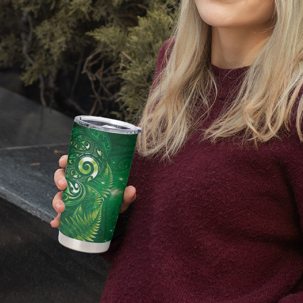 Aotearoa New Zealand New Year Tumbler Cup Tribal Koru Tattoo Green Galaxy Maori Silver Fern LT03 - Polynesian Pride