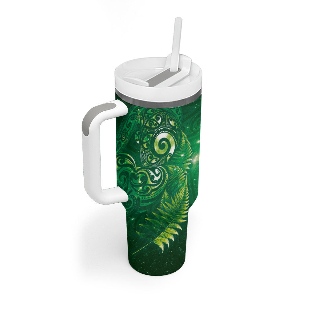 Aotearoa New Zealand New Year Tumbler With Handle Tribal Koru Tattoo Green Galaxy Maori Silver Fern