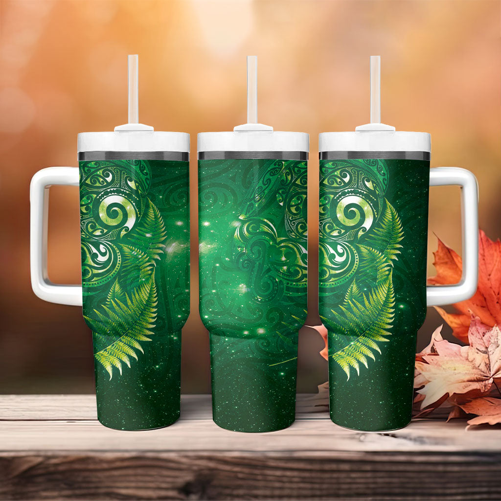 Aotearoa New Zealand New Year Tumbler With Handle Tribal Koru Tattoo Green Galaxy Maori Silver Fern