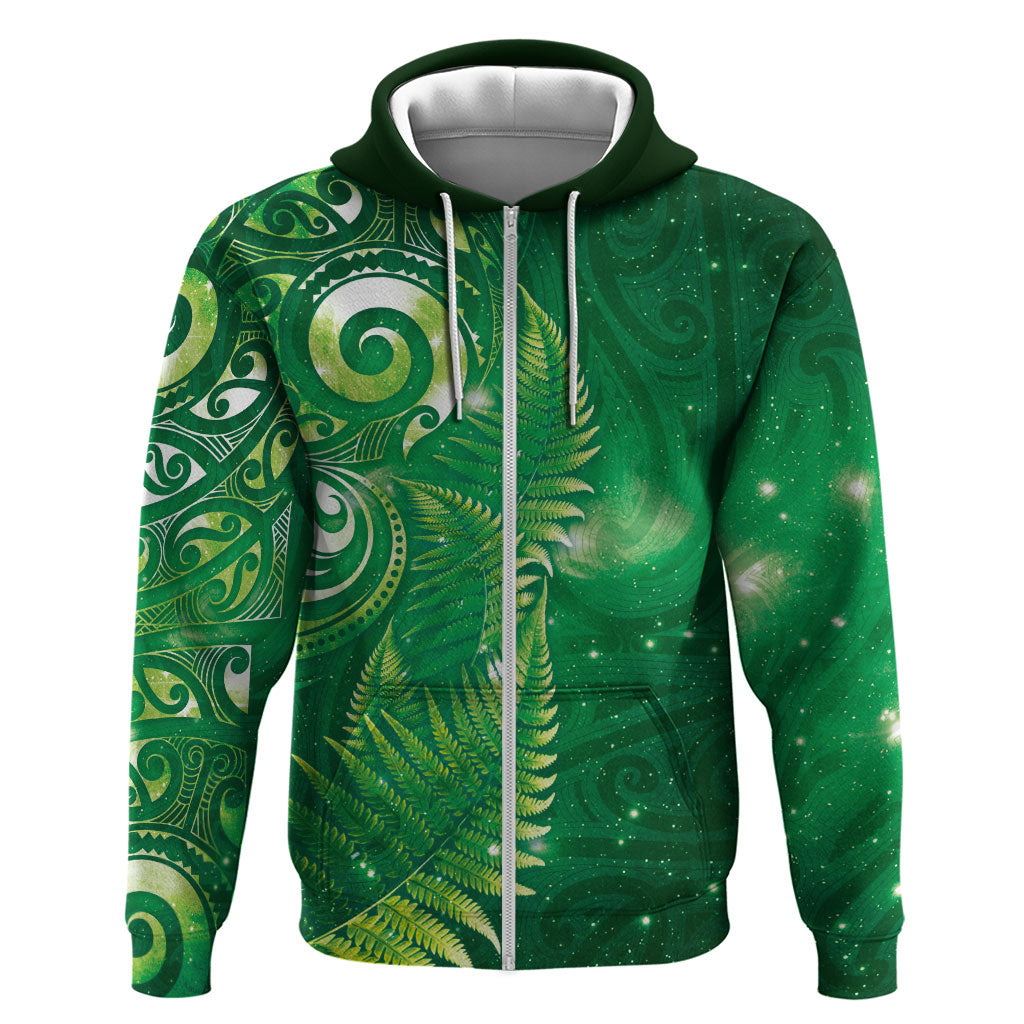 Aotearoa New Zealand New Year Zip Hoodie Tribal Koru Tattoo Green Galaxy Maori Silver Fern