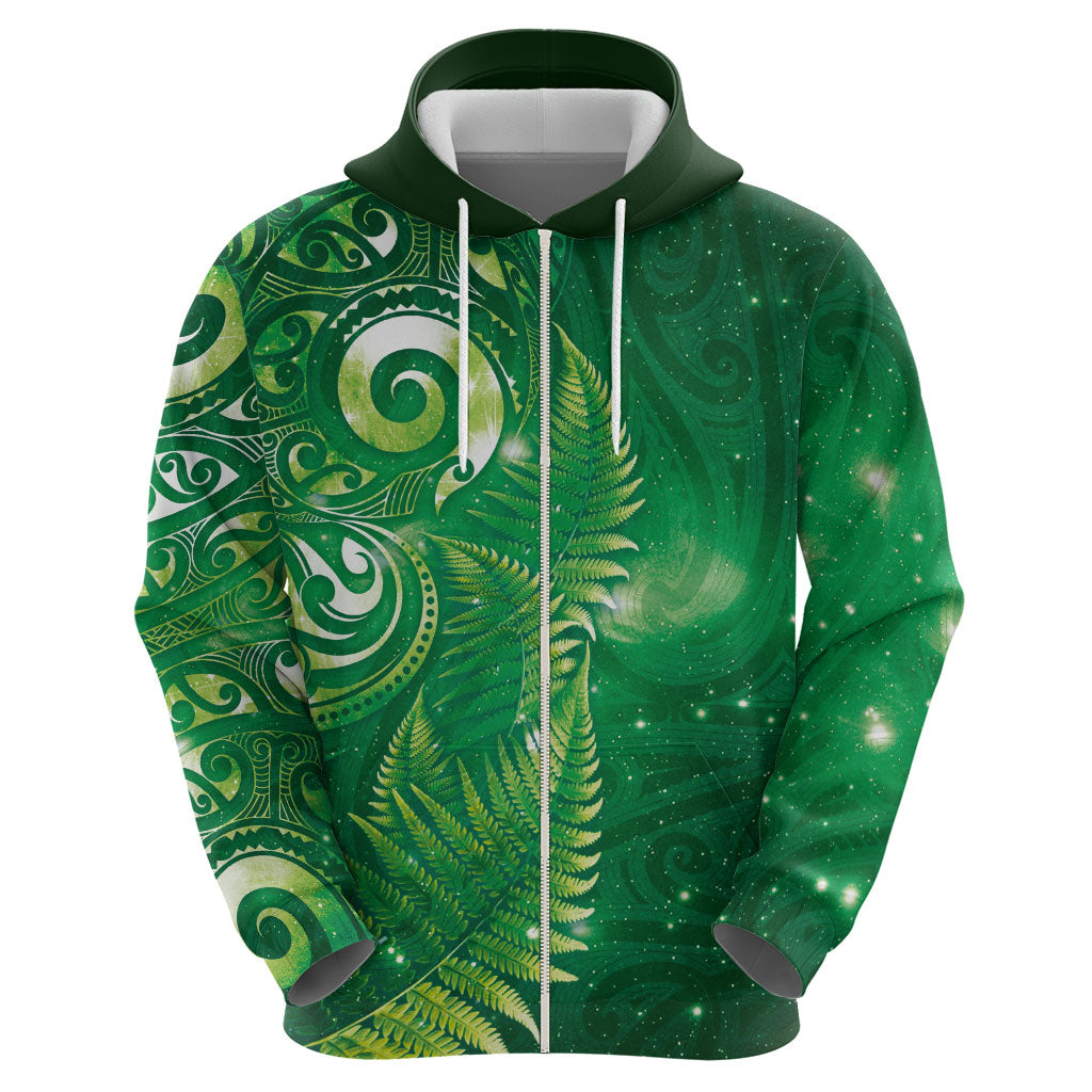 Aotearoa New Zealand New Year Zip Hoodie Tribal Koru Tattoo Green Galaxy Maori Silver Fern LT03 - Polynesian Pride