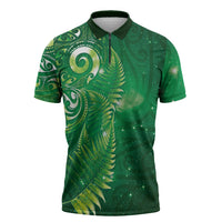 Aotearoa New Zealand New Year Zipper Polo Shirt Tribal Koru Tattoo Green Galaxy Maori Silver Fern LT03 Green - Polynesian Pride