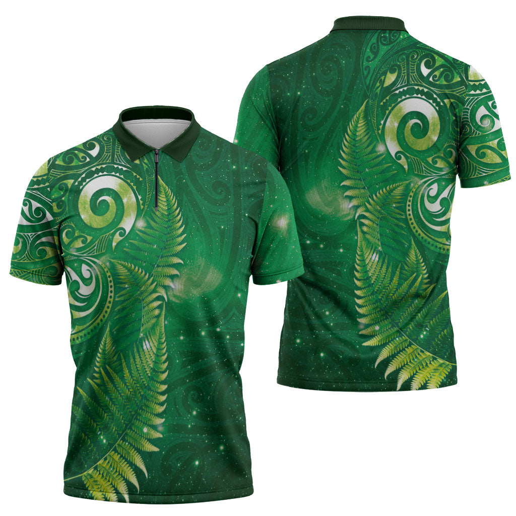 Aotearoa New Zealand New Year Zipper Polo Shirt Tribal Koru Tattoo Green Galaxy Maori Silver Fern LT03 - Polynesian Pride