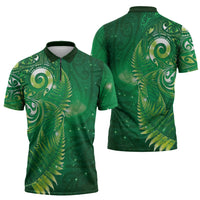 Aotearoa New Zealand New Year Zipper Polo Shirt Tribal Koru Tattoo Green Galaxy Maori Silver Fern LT03 - Polynesian Pride