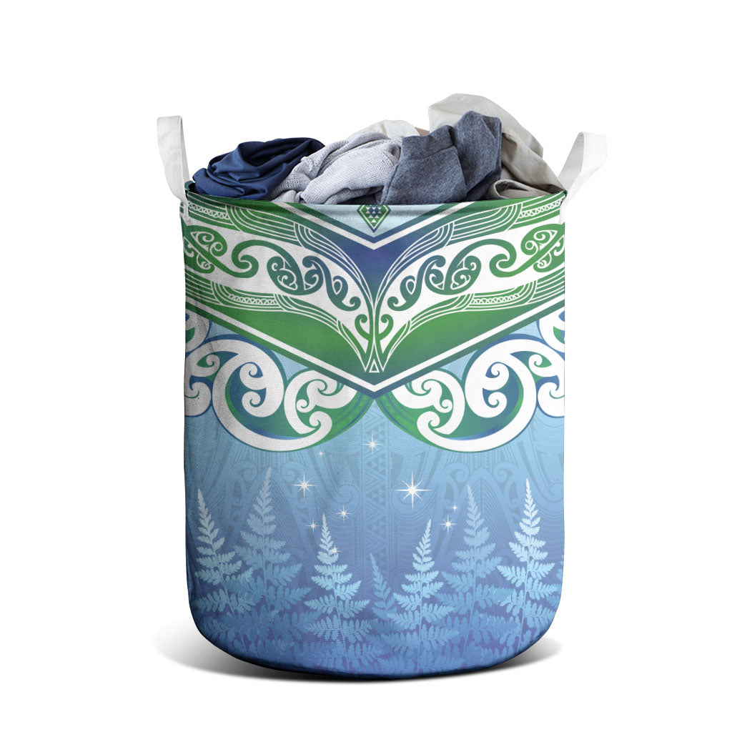 Aotearoa New Zealand New Year Laundry Basket Maori Motifs with Silver Fern and Matariki Stars LT03 - Polynesian Pride