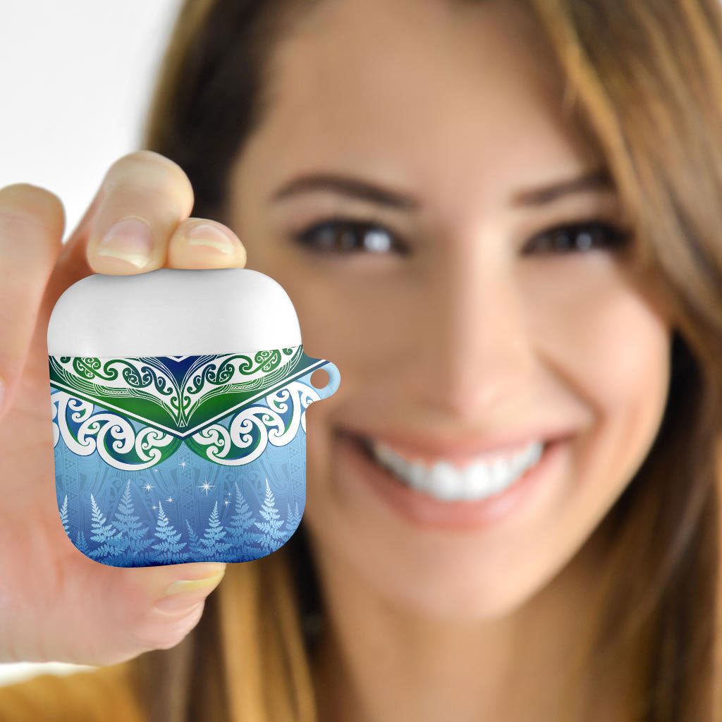 Aotearoa New Zealand New Year AirPods Case Maori Motifs with Silver Fern and Matariki Stars LT03 - Polynesian Pride