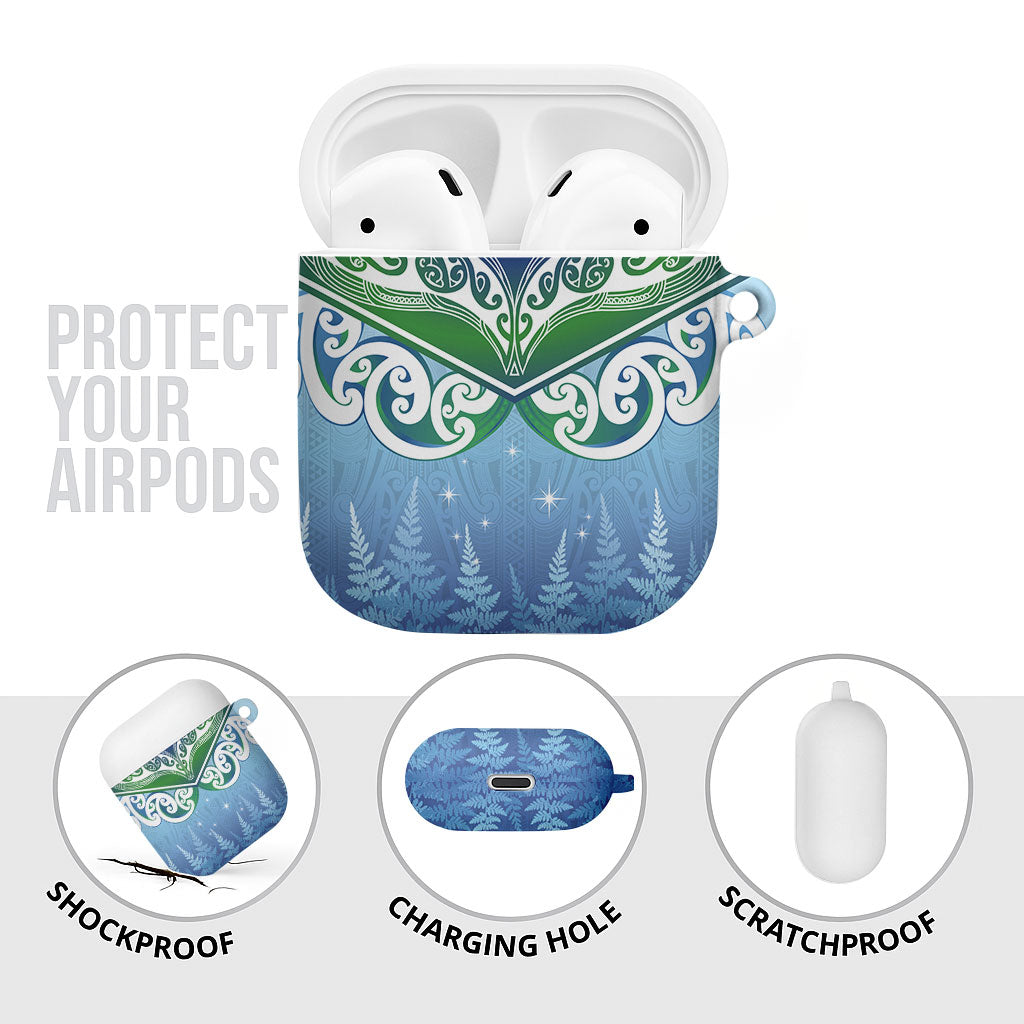 Aotearoa New Zealand New Year AirPods Case Maori Motifs with Silver Fern and Matariki Stars LT03 - Polynesian Pride