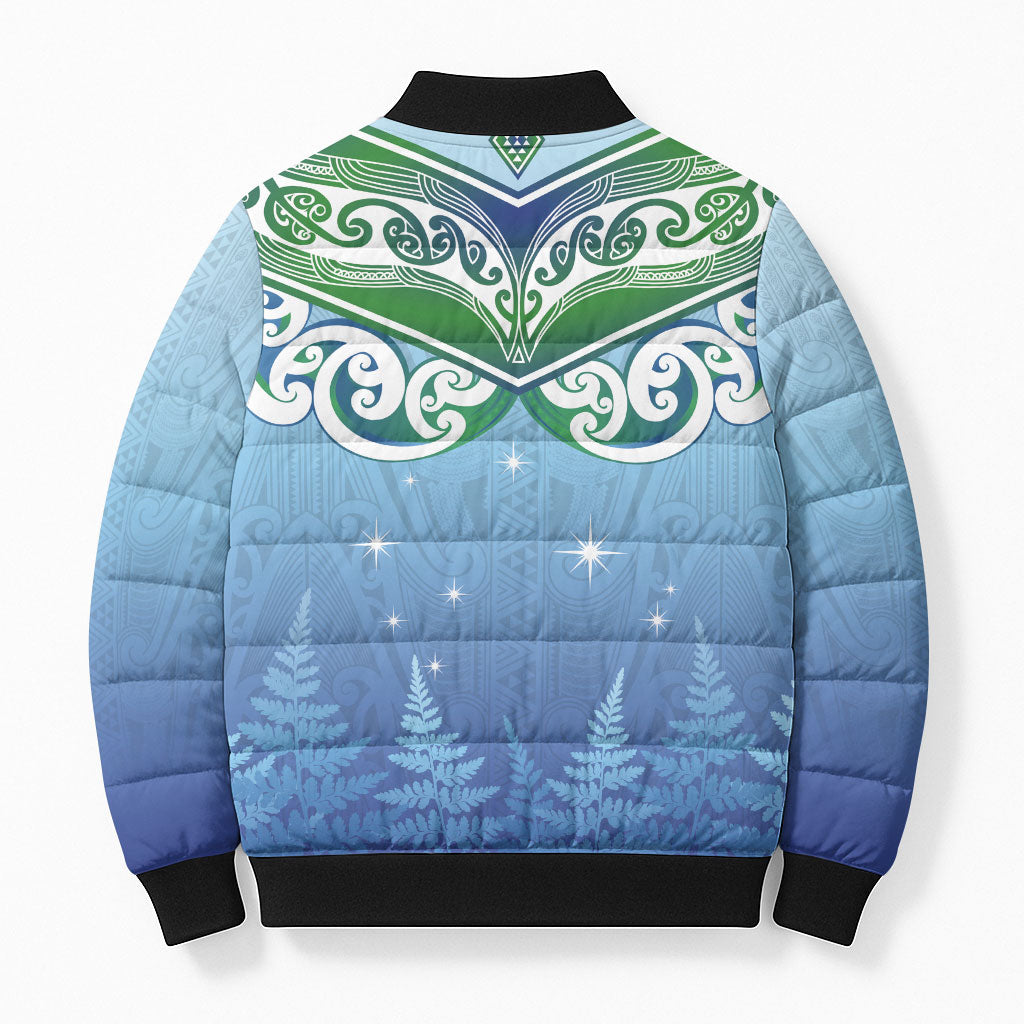 Aotearoa New Zealand New Year Bomber Puffer Jacket Maori Motifs with Silver Fern and Matariki Stars LT03 - Polynesian Pride