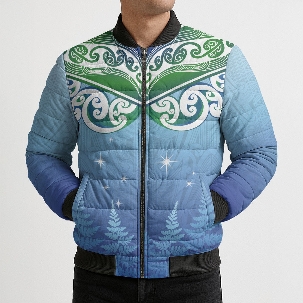 Aotearoa New Zealand New Year Bomber Puffer Jacket Maori Motifs with Silver Fern and Matariki Stars LT03 - Polynesian Pride
