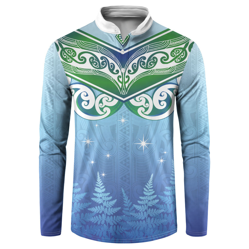 Aotearoa New Zealand New Year Button Sweatshirt Maori Motifs with Silver Fern and Matariki Stars