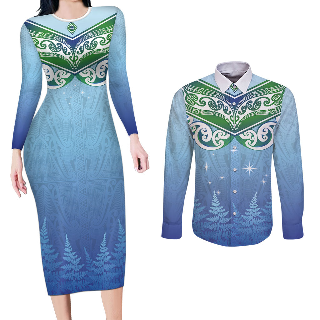 Aotearoa New Zealand New Year Couples Matching Long Sleeve Bodycon Dress and Long Sleeve Button Shirt Maori Motifs with Silver Fern and Matariki Stars LT03 Multicolor - Polynesian Pride