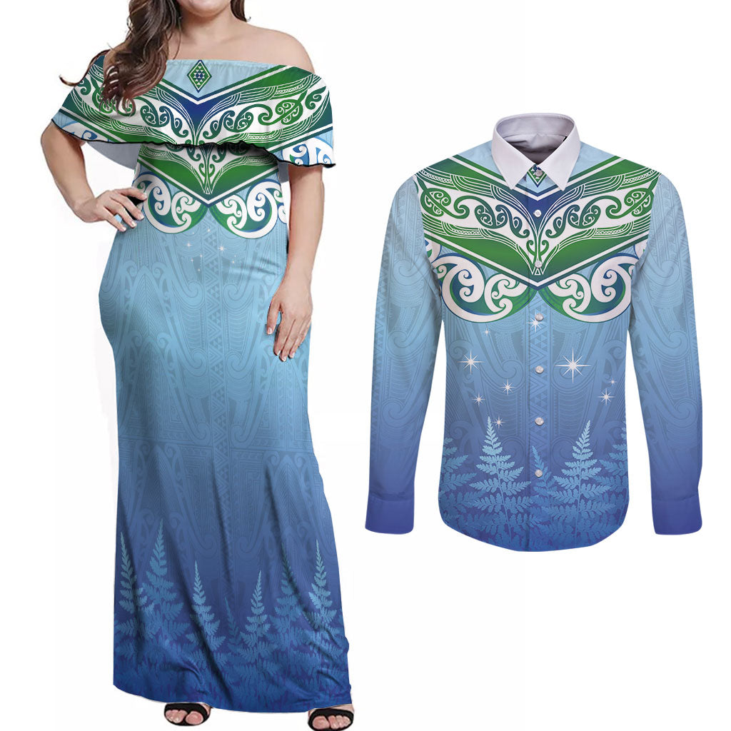 Aotearoa New Zealand New Year Couples Matching Off Shoulder Maxi Dress and Long Sleeve Button Shirt Maori Motifs with Silver Fern and Matariki Stars