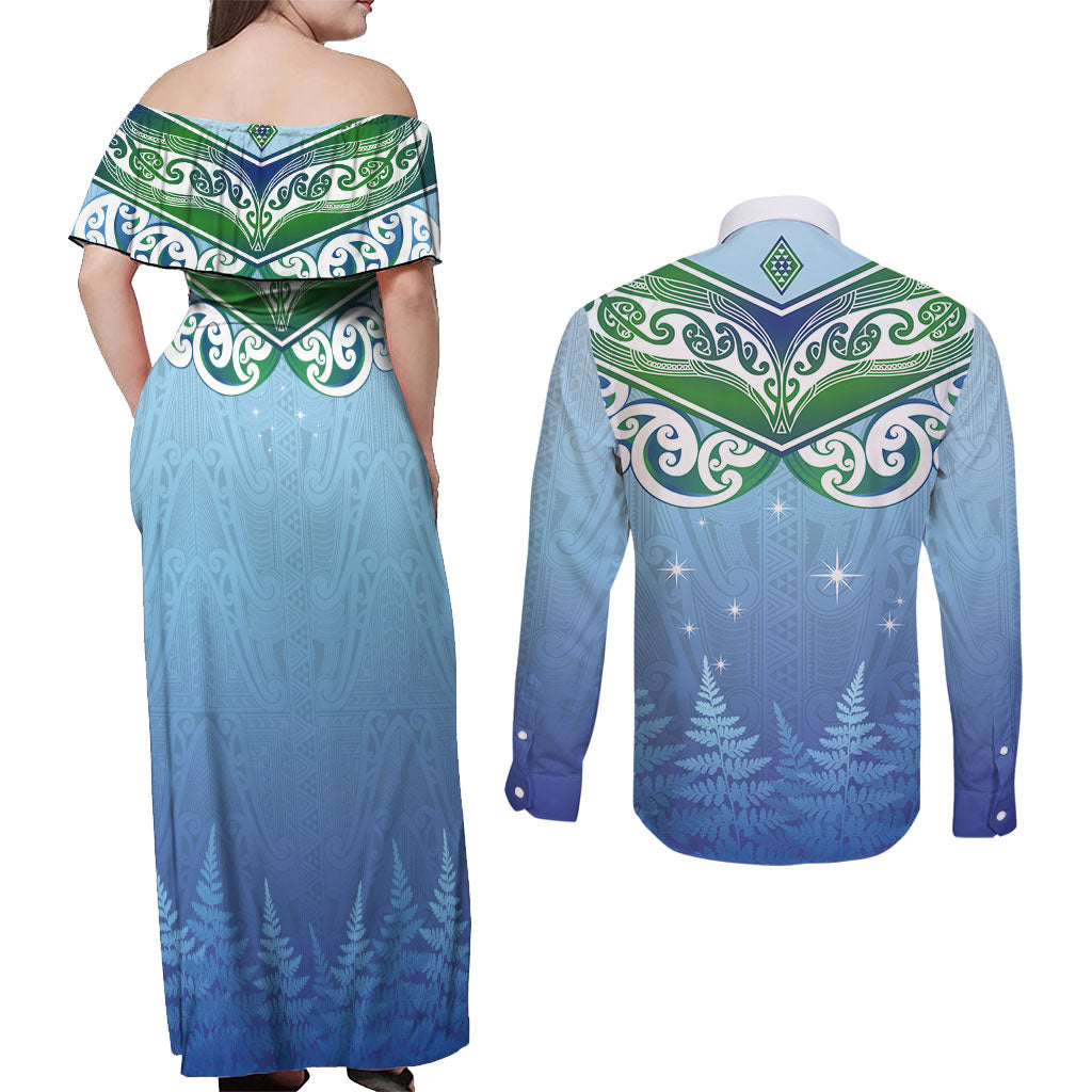Aotearoa New Zealand New Year Couples Matching Off Shoulder Maxi Dress and Long Sleeve Button Shirt Maori Motifs with Silver Fern and Matariki Stars LT03 - Polynesian Pride