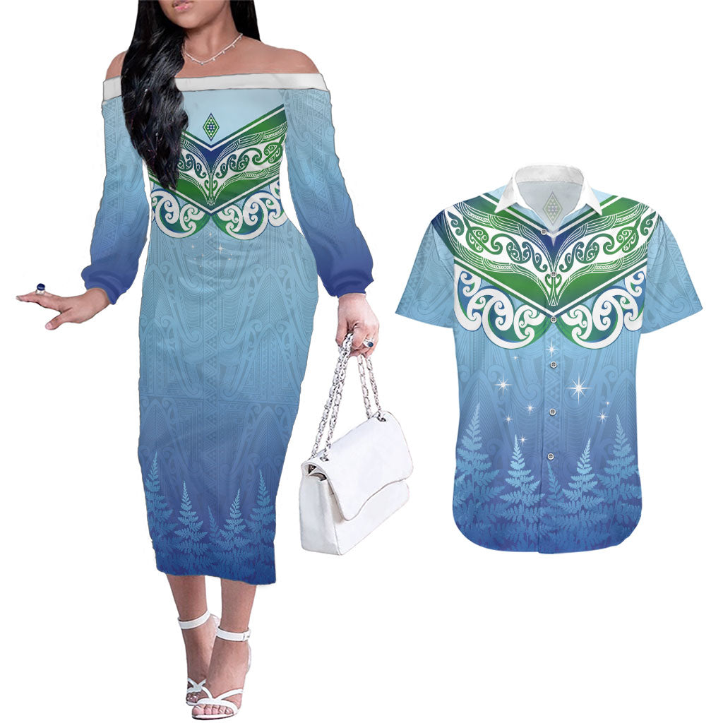 Aotearoa New Zealand New Year Couples Matching Off The Shoulder Long Sleeve Dress and Hawaiian Shirt Maori Motifs with Silver Fern and Matariki Stars LT03 Multicolor - Polynesian Pride