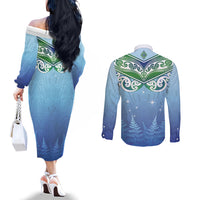 Aotearoa New Zealand New Year Couples Matching Off The Shoulder Long Sleeve Dress and Long Sleeve Button Shirt Maori Motifs with Silver Fern and Matariki Stars LT03 - Polynesian Pride