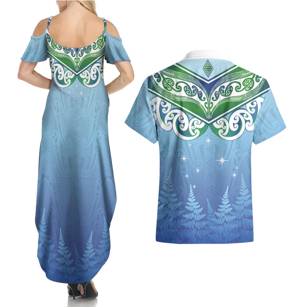 Aotearoa New Zealand New Year Couples Matching Summer Maxi Dress and Hawaiian Shirt Maori Motifs with Silver Fern and Matariki Stars LT03 - Polynesian Pride