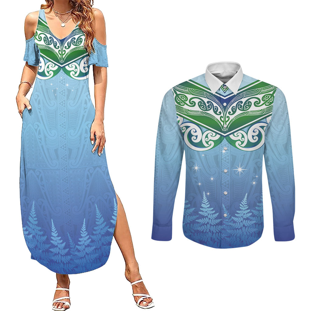 Aotearoa New Zealand New Year Couples Matching Summer Maxi Dress and Long Sleeve Button Shirt Maori Motifs with Silver Fern and Matariki Stars