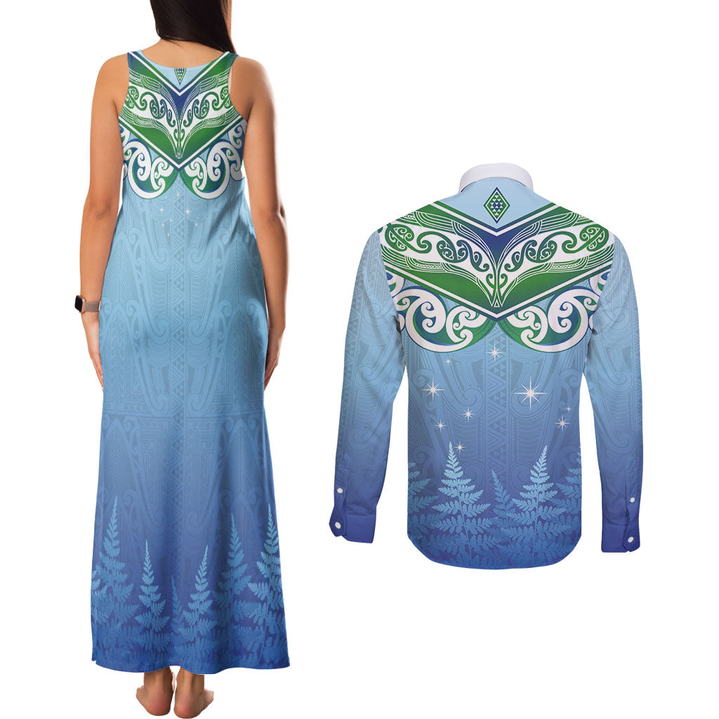 Aotearoa New Zealand New Year Couples Matching Tank Maxi Dress and Long Sleeve Button Shirt Maori Motifs with Silver Fern and Matariki Stars LT03 - Polynesian Pride