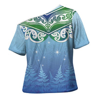 Aotearoa New Zealand New Year Cross Shoulder Shirt Maori Motifs with Silver Fern and Matariki Stars LT03 - Polynesian Pride