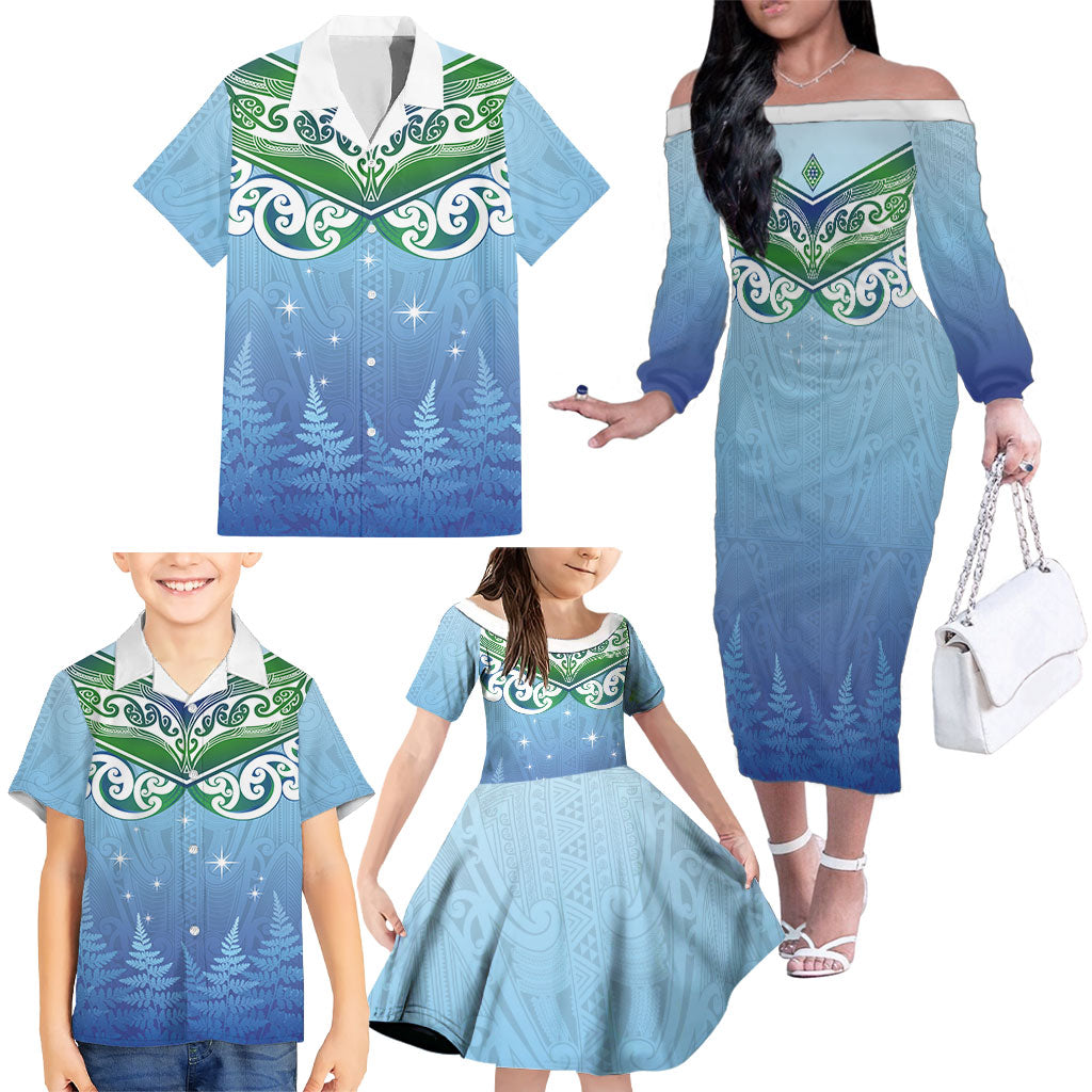 Aotearoa New Zealand New Year Family Matching Off The Shoulder Long Sleeve Dress and Hawaiian Shirt Maori Motifs with Silver Fern and Matariki Stars