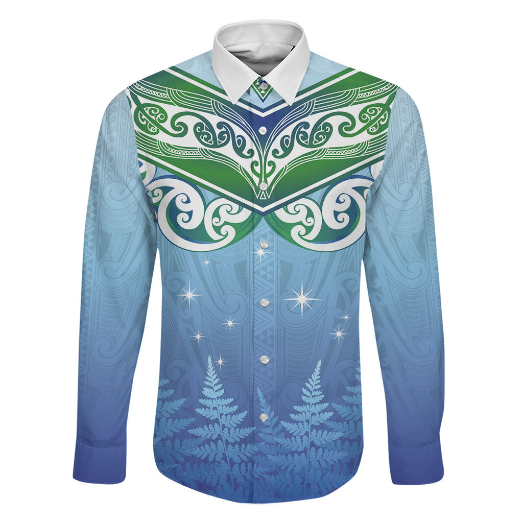 Aotearoa New Zealand New Year Family Matching Off The Shoulder Long Sleeve Dress and Hawaiian Shirt Maori Motifs with Silver Fern and Matariki Stars LT03 Dad's Shirt - Long Sleeve Multicolor - Polynesian Pride