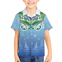 Aotearoa New Zealand New Year Family Matching Off The Shoulder Long Sleeve Dress and Hawaiian Shirt Maori Motifs with Silver Fern and Matariki Stars LT03 Son's Shirt Multicolor - Polynesian Pride