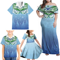 Aotearoa New Zealand New Year Family Matching Off Shoulder Maxi Dress and Hawaiian Shirt Maori Motifs with Silver Fern and Matariki Stars LT03 - Polynesian Pride