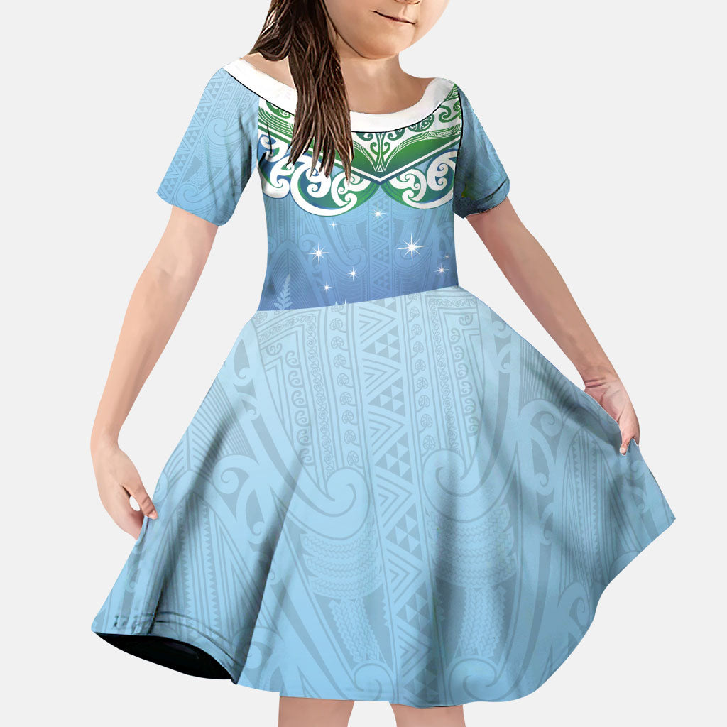 Aotearoa New Zealand New Year Family Matching Summer Maxi Dress and Hawaiian Shirt Maori Motifs with Silver Fern and Matariki Stars LT03 Daughter's Dress Multicolor - Polynesian Pride
