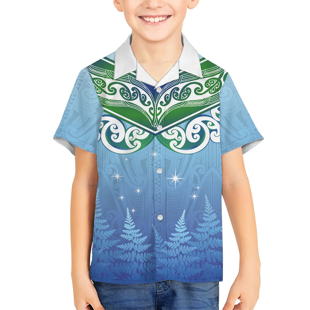 Aotearoa New Zealand New Year Family Matching Summer Maxi Dress and Hawaiian Shirt Maori Motifs with Silver Fern and Matariki Stars LT03 Son's Shirt Multicolor - Polynesian Pride