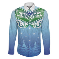 Aotearoa New Zealand New Year Family Matching Tank Maxi Dress and Hawaiian Shirt Maori Motifs with Silver Fern and Matariki Stars LT03 Dad's Shirt - Long Sleeve Multicolor - Polynesian Pride