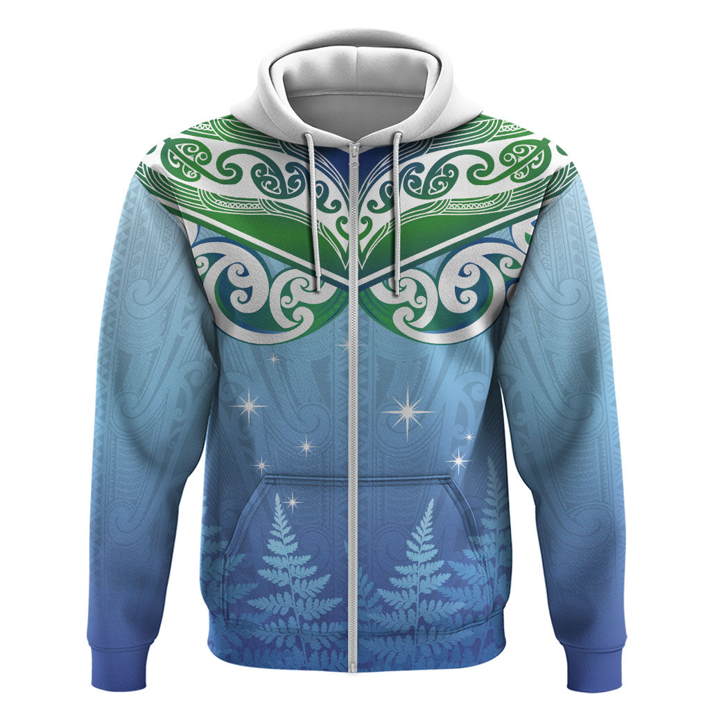 Aotearoa New Zealand New Year Hoodie Maori Motifs with Silver Fern and Matariki Stars LT03 Zip Hoodie Multicolor - Polynesian Pride