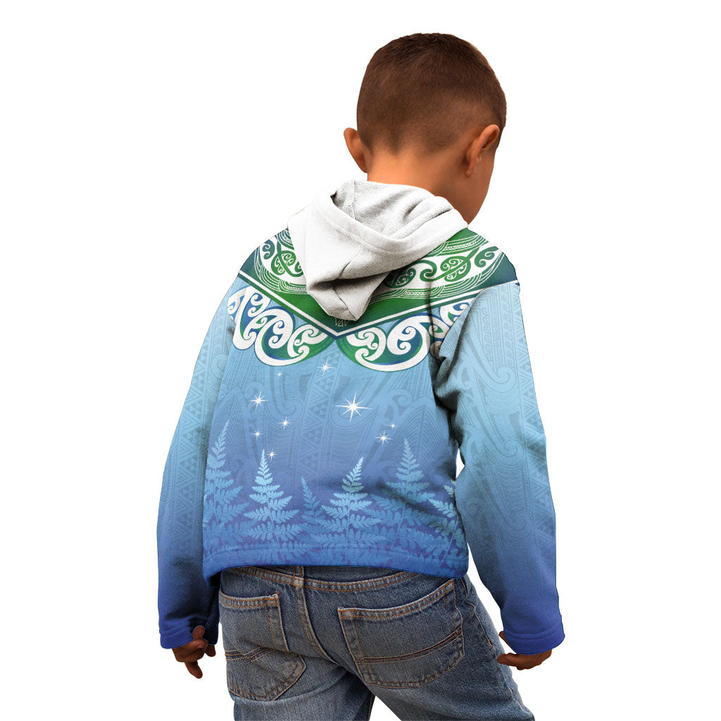 Aotearoa New Zealand New Year Kid Hoodie Maori Motifs with Silver Fern and Matariki Stars LT03 - Polynesian Pride