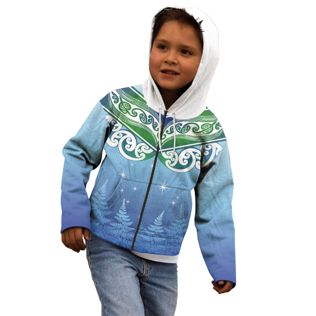 Aotearoa New Zealand New Year Kid Hoodie Maori Motifs with Silver Fern and Matariki Stars LT03 - Polynesian Pride